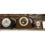 3 WOOD CASED MANTEL PIECE CLOCK, 1 WITH WESTMINSTER CHIME, BAKELITE CLOCK, A GARRODS GLASS FRAME