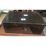 WOODEN BOX CONTAINING VINTAGE TOOLS, WEIGHTS, OIL CAN ETC