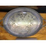 LARGE DECORATIVE PLATED ANTIQUE GALLERY TRAY & CARTON OF CUTLERY