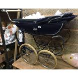 SMALL SIZED DARK BLUE VINTAGE SILVER CROSS PRAM, HANDLE HAS BEEN REPAIRED