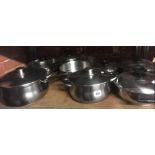 SHELF OF MISC STAINLESS STEEL KITCHEN POTS & PANS