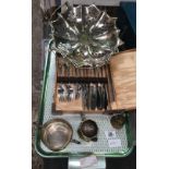 GREEN METAL TRAY, SWING HANDLED CAKE BASKET, DESERT KNIVES & FORKS & OTHER PLATED ITEMS