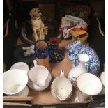 CARTON WITH MISC CHINAWARE, COALPORT VASES, DECO MIRROR, CANDLE STICK HOLDER & A LABRADOR SITTING