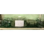 SHELF OF GLASS FISH PLATES, PUNCH BOWL & OTHER GLASSES