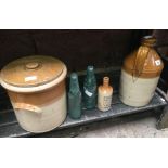 ANTIQUE BROWN STONEWARE 2 HANDLED STRAIGHT SIDED CROCK WITH LID, 2 CODD BOTTLES, STONEWARE GINGER