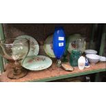 SHELF OF MIXED GLASSWARE, PLATES & CHINAWARE