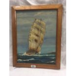 OIL PAINTING ON CANVAS OF A 3-MASTED SAILING VESSEL IN FULL SAIL, INDISTINCTLY SIGNED