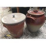 2 BRINE SALT CROCK'S 1 WITH WOODEN LID THE OTHER WITH POTTERY OR EARTHENWARE, BOTH POTS WITH