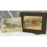 CECIL ELGEE, HEAVY HORSES PULLING A HAY CART, WATERCOLOUR, SIGNED, TOGETHER WITH A LANDSCAPE WITH