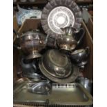 CARTON OF MISC PLATED WARE INCL; SWING HANDLE CAKE BASKET, TEA POTS & TRAYS