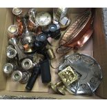 CARTON WITH MISC METAL CANDLE STICKS, PAIR OF BINOCULARS, COPPER ROSE BOWL, MODERN CLOCK & OTHER
