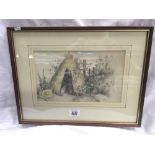 A J SHAW 1851, PENCIL AND WASH DRAWING OF FIGURE IN A THATCHED HUT, SIGNED & DATED. DETAILS ON THE