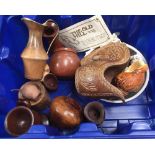 BLUE CARTON CONTAINING TREEN ITEMS & BLEACHED SEA SHELLS