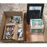 2 CARTONS OF MIXED BRIC-A-BRAC INCL; PART CRIB & DOMINO SET, CHRISTMAS CARDS IN PACKS, NATIVITY
