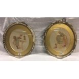 PAIR OF OVAL PICTURES OF LADIES WITH A CAT AND A DOG, IN DISTRESSED ANTIQUE FRAMES