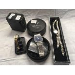 CLAUDE VALENTINI WATCH BOX, WITH QUARTZ TRAFALGER WATCH, GOLD COLOURED LADIES SEKONDA WATCH & ONE