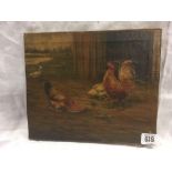 OIL PAINTING ON CANVAS OF CHICKENS AND COCKEREL FEEDING BY A BARN