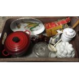 CARTON WITH GLASSWARE, ROYAL WORCESTER EVESHAM OVAL DISH, JELLY MOULDS & A LE CREUSET RED