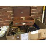 2 CARTONS OF MIXED BRASS WARE, CHINESE TIFFIN BOX, SMALL BROWN ATTACHÉ CASE, WOOD BOWL & PLATED