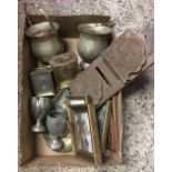 SMALL CARTON OF METALWARE INCL; 2 SWING HANDLED PLATED ICE BUCKETS, 2 MODERN CARRIAGE CLOCKS, F/G