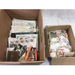 CARTON OF GB FIRST DAY COVERS, LOOSE STAMPS, POSTCARDS ETC