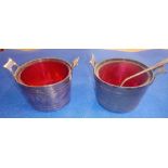 2 TUB STYLE EPNS SALTS WITH CRANBERRY LINERS & 1 SILVER SPOON