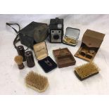 SMALL CARTON WITH CORONET AMBASSADOR BOXED CAMERA, GENTS TRAVELLING GROOMING SET, HAIRBRUSHES ETC