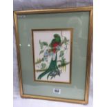 FINELY DETAILED WATERCOLOUR OF A TROPICAL BIRD, PERCHED ON A BOUGH OF EXOTIC FLOWERS, SIGNED L DE