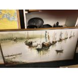 LARGE ATLANTIC OCEAN F/G MAP & A FRAMED OIL PAINTING OF JUNK BOATS