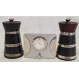 SOUVENIR QUEEN MARY II TRAVEL CLOCK & A PAIR OF SILVER BANDED WOODEN SALT & PEPPER GRINDERS