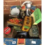 CARTON WITH VARIOUS ADVERTISING TINS, KITCHENALIA, ELECTRICAL GAUGES, KEY RINGS & OTHER BRIC-A-BRAC