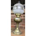 BRASS DUPLEX OIL LAMP WITH ACID ETCHED SHADE & CLEAR GLASS CHIMNEY