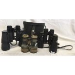 PAIR OF SNOW MAN 12 X 50 BINOCULARS, PAIR OF REGENT 10 X 50 IN A CASE & 1 VINTAGE BRASS BINOCULARS