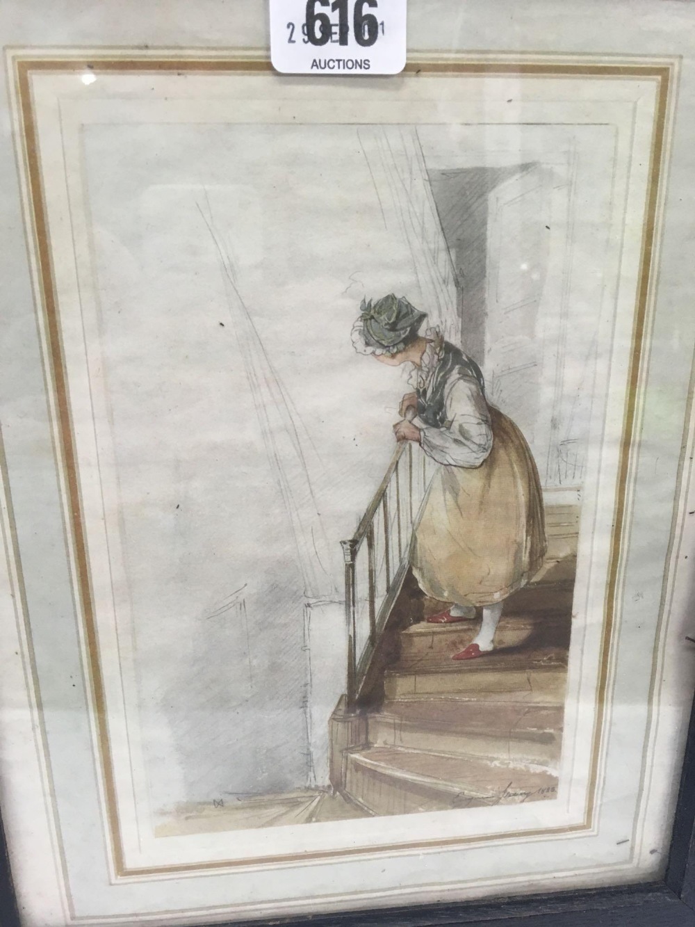 COLOUR PRINT OF THE GIRL ON THE STAIRCASE, AFTER LOUIS GABRIEL ISABY, IN AN OLD OAK FRAME - Image 2 of 5