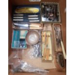 CARTON WITH CUTLERY, PLATEDWARE, DISTRICT BANK MONEY BOX, 4 MATE METAL DRINKING STRAWS & LOW CARAT