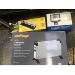 2Kw CONVECTOR HEATER, 12'' TILE CUTTER & A FLOOD LIGHT, ALL NEW IN BOXES