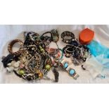 BAG WITH MISC NECKLACES, BANGLES, METALIC NECKLACES, BRACELETS