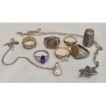 QTY OF SILVER ITEMS, RING, NECKLACES, THIMBLE, APPROX 37g