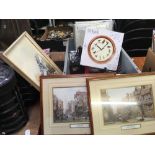 CARTON WITH BLACK TELEPHONE, F/G PICTURES, RED DISPLAY CASES, A WALL CLOCK, TESCO PEN, KANGOL