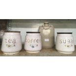 TEA, COFFEE & SUGAR CHINA CANISTERS BY KERNEWEK & A VINTAGE STONEWARE HOT WATER BOTTLE