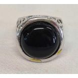 LARGE WHITE METAL RING WITH BLACK STONE