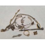 BAG OF MISC SILVER ITEMS INCL; A BANGLE & CHAINS ETC