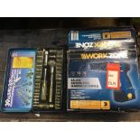 SMALL 39 PIECE ¼ & 3/8 DRIVE METRIC & INCH RATCHET SOCKET SET & A WORK ZONE CORDLESS HAMMER DRILL