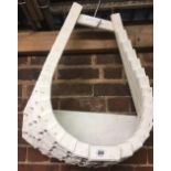 WHITE WOODEN HANGING HALL BASKET IN THE SHAPE OF A HORSE SHOE, APPROX 24'' TALL X 20'' WIDE