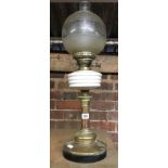 BRASS DUPLEX OIL LAMP WITH WHITE GLASS RESERVOIR & ACID ETCHED SHADE & CLEAR GLASS CHIMNEY