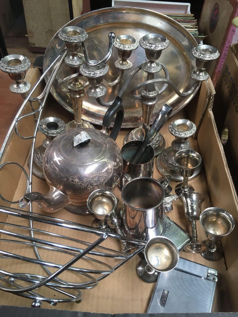 CARTON OF MISC WHITE METALWARE INCL; TANKARDS, CANDELABRA, TRAYS, CIGARETTE CASES BANANA BASKET