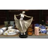 SHELF WITH ART DECO STATUE OF A FEMALE, 2 IRISH PORCELAIN CHINA TANKARDS WITH SHOOTING THEME, 2 BLUE