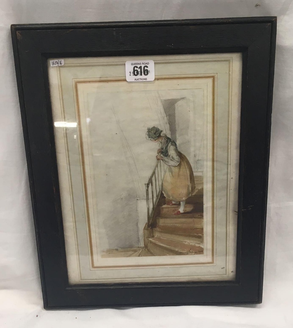 COLOUR PRINT OF THE GIRL ON THE STAIRCASE, AFTER LOUIS GABRIEL ISABY, IN AN OLD OAK FRAME