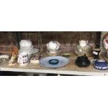 SHELF OF VARIOUS GLASS & PART TEA/COFFEE SETS BY ROYAL KENT, LAWLEYS OF STOKE, TRINKET BOXES,