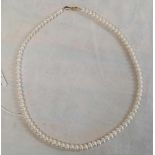 A PEARL NECKLACE WITH A 14ct GOLD CLASP